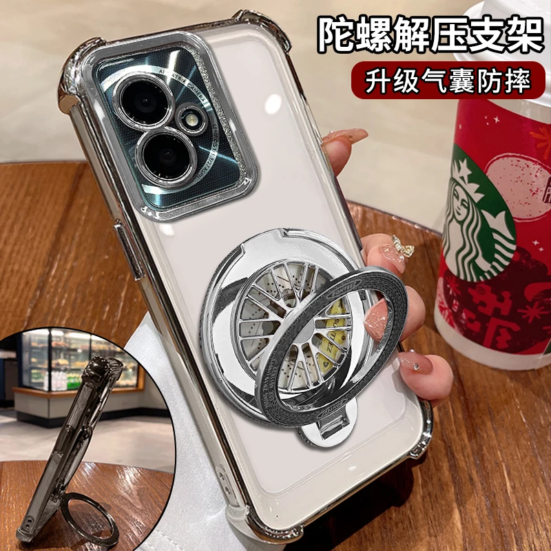 适用荣耀100电镀四角防摔解压旋转陀螺支架手机壳
