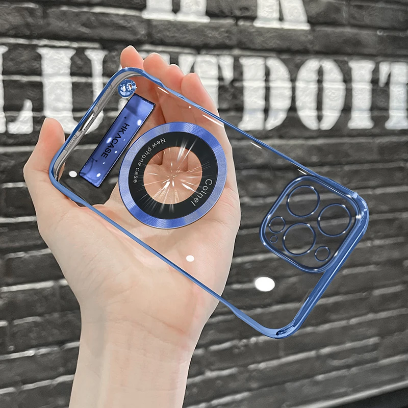 适用苹果15promax无边框磁吸贴电镀支架简约轻薄透明防摔手机壳