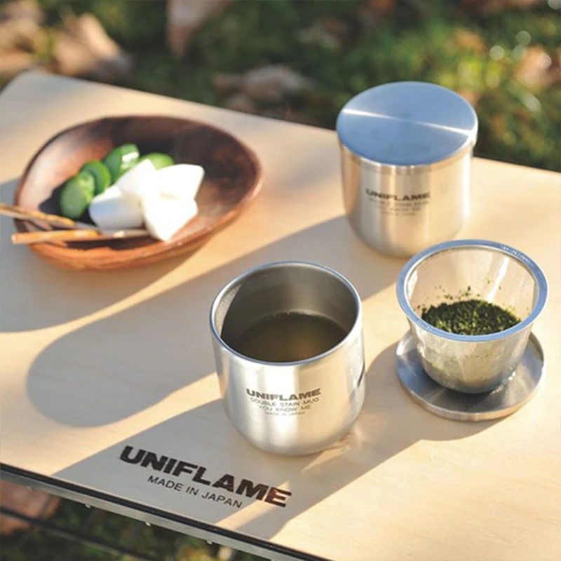 日本UNIFLAME露营户外水杯双层隔热滤杯不锈钢茶杯户外保温杯子