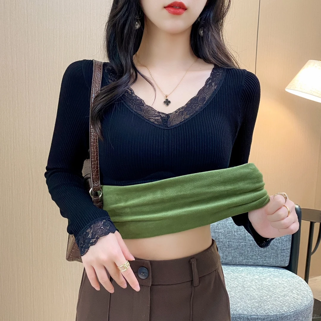 V领秋衣长袖修身打底衫加绒加厚蕾丝拼接上衣冬带胸垫保暖内衣女