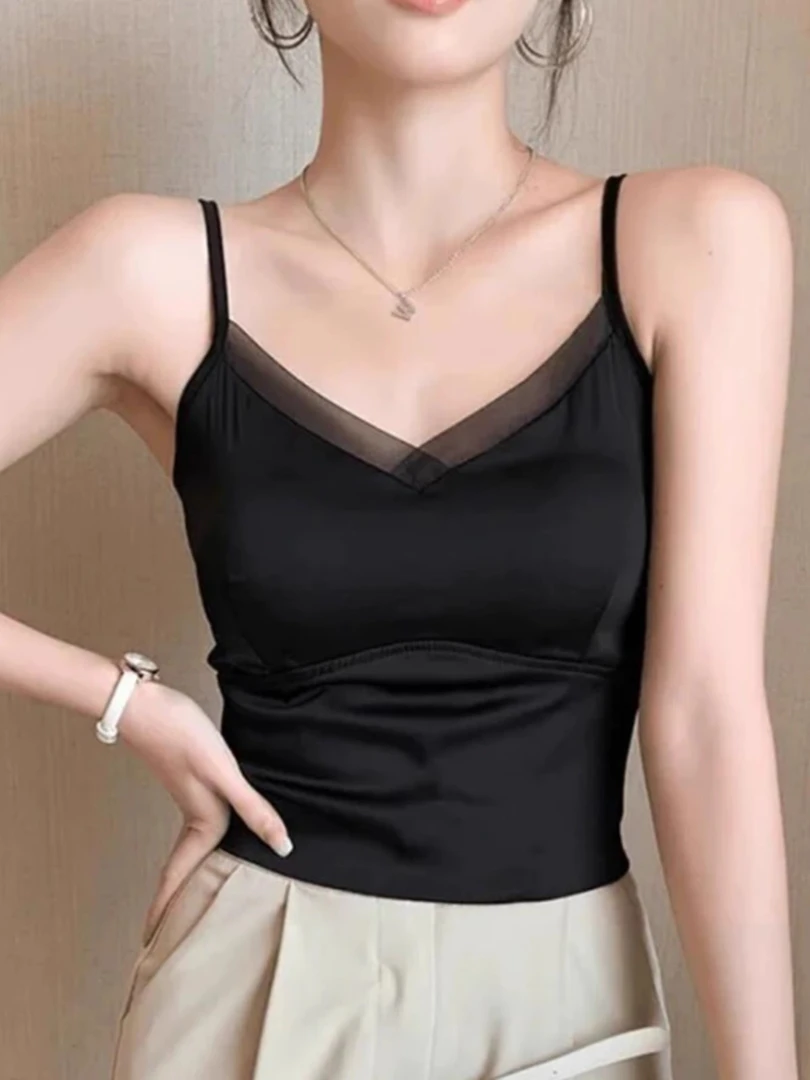 外穿带胸垫法式吊带背心女拼接网纱美背文胸一体打底醋酸时尚上衣
