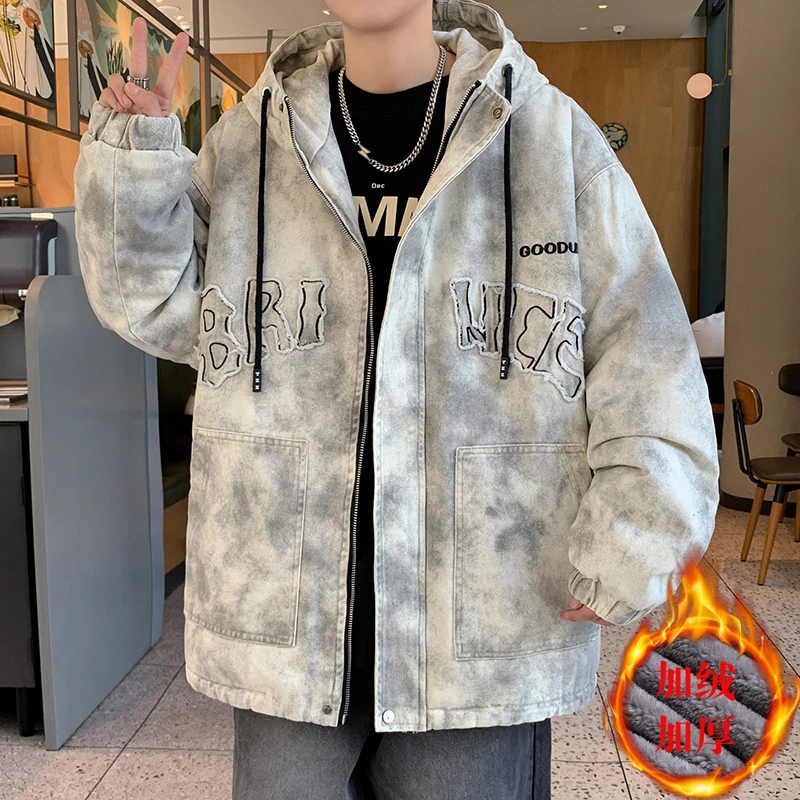 青少年学生冬装新款加绒加厚牛仔连帽夹克休闲潮流棉服外套男