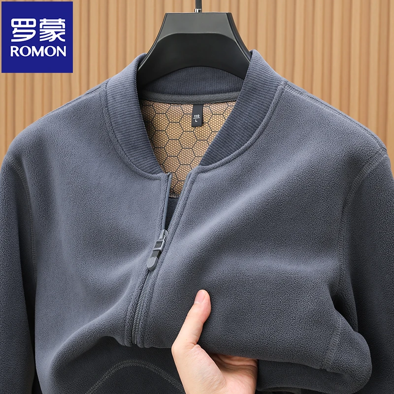 罗蒙【摇粒绒】冬季抓绒外套纯色棒球领百搭男士拉链夹克衫石墨烯