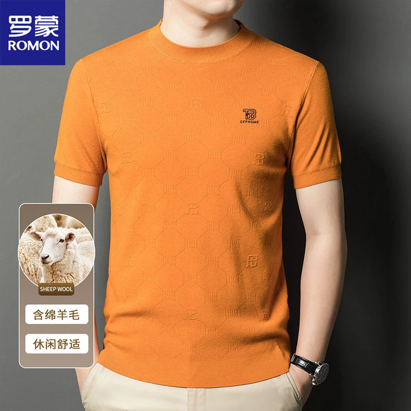 Romon/罗蒙男士短袖针织衫毛衣中青年保暖百搭休闲时尚纯色半高领