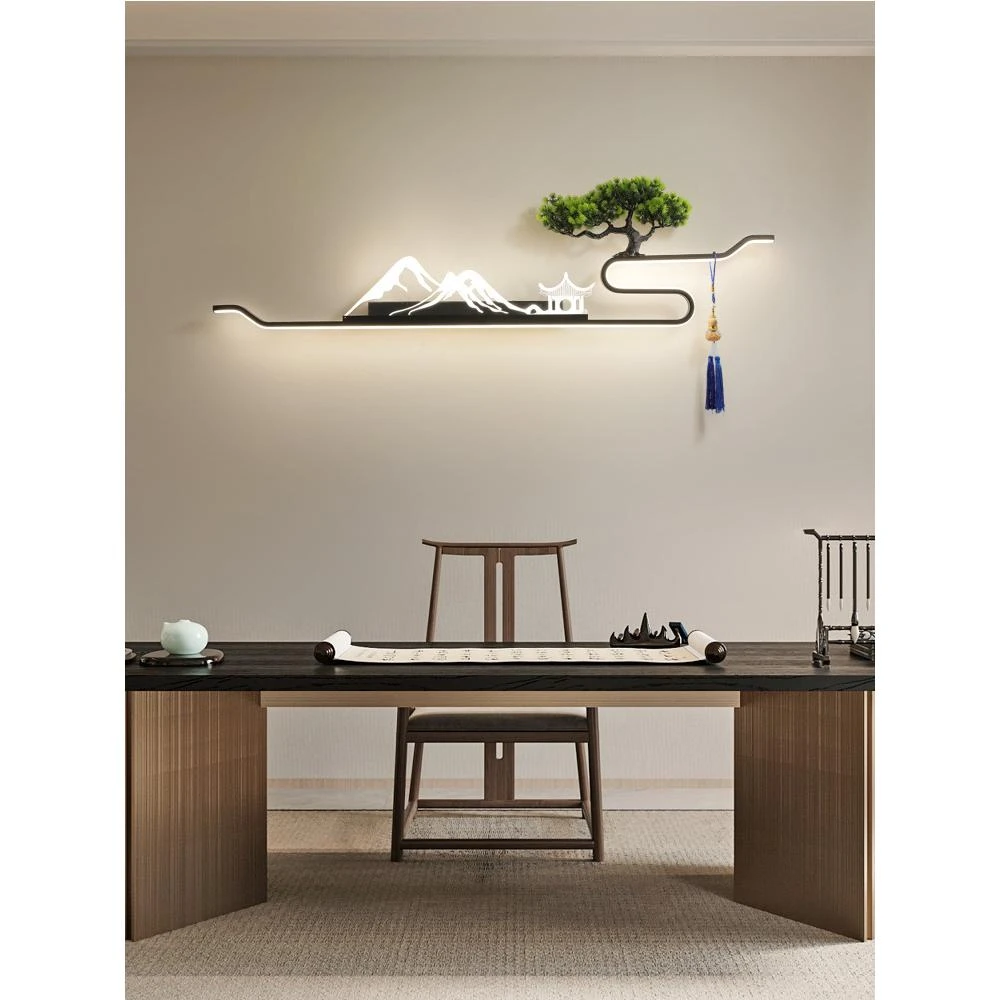 新中式客厅沙发背景墙迎客松装饰画走廊玄关禅意茶室茶台挂画壁灯