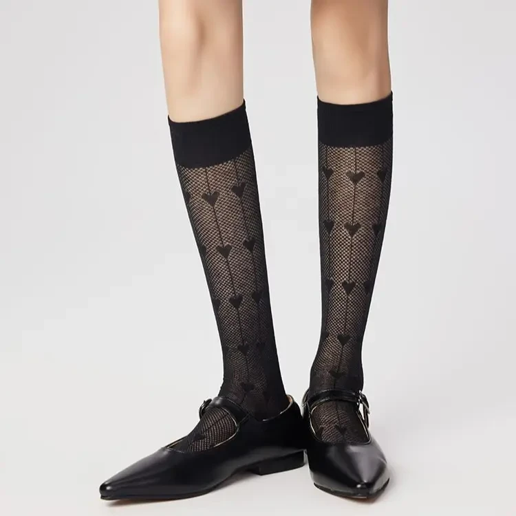 夏薄款爱心小腿袜女纯色网眼透气无骨长筒袜春秋美腿百搭堆堆袜子