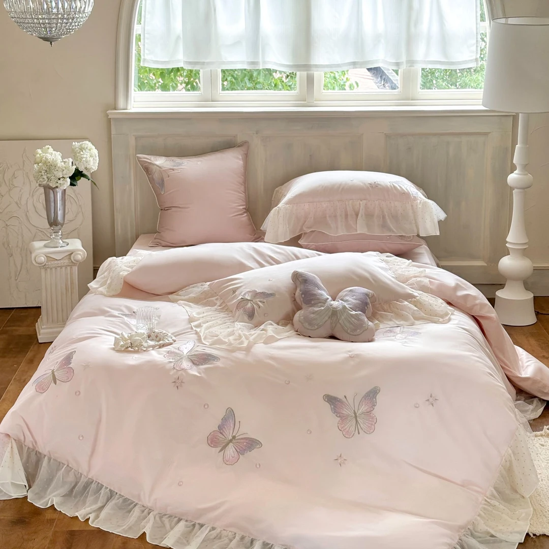 法式长绒棉花边刺绣工艺款四件套 WSJ 蝴蝶泉边