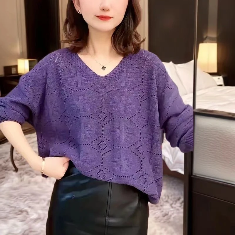 春秋季新款女装大码女士长袖韩版宽松性感V领套头上衣显瘦针织衫
