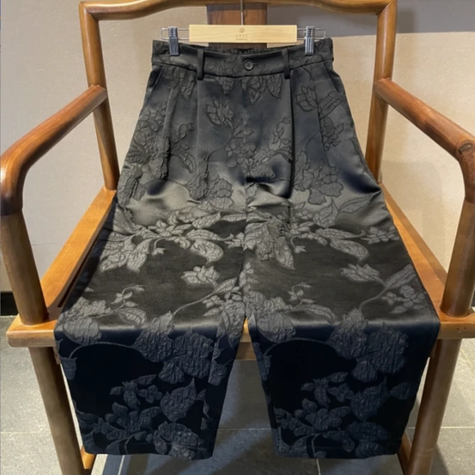 皆安（黑）芳华设计新中式复古提花萝卜裤国风立体刁花工艺九分裤