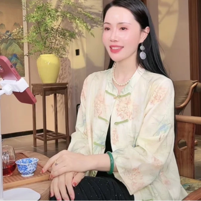 郁金香  芳华设计新中式复古提花上衣中国风夏款小立领上衣