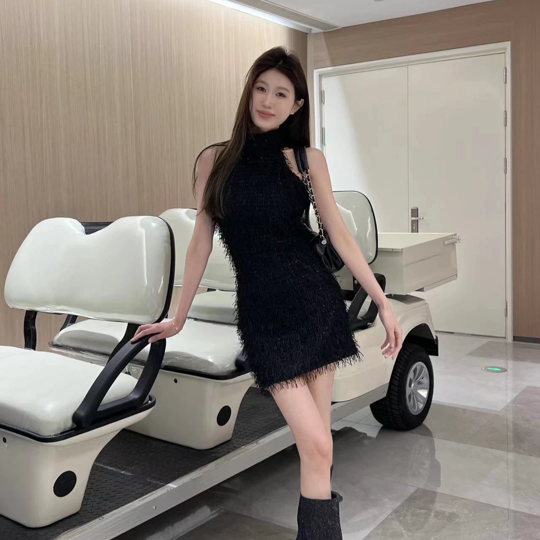 【孙钰颍】无袖亮丝连衣裙显瘦气质性感夏季修身气质小香辣妹挂脖