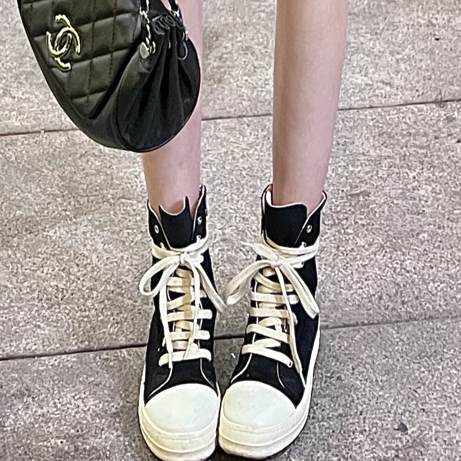 【孙钰颍】暗黑系列高帮休闲帆布鞋网红黑色ins潮流春秋厚底中筒