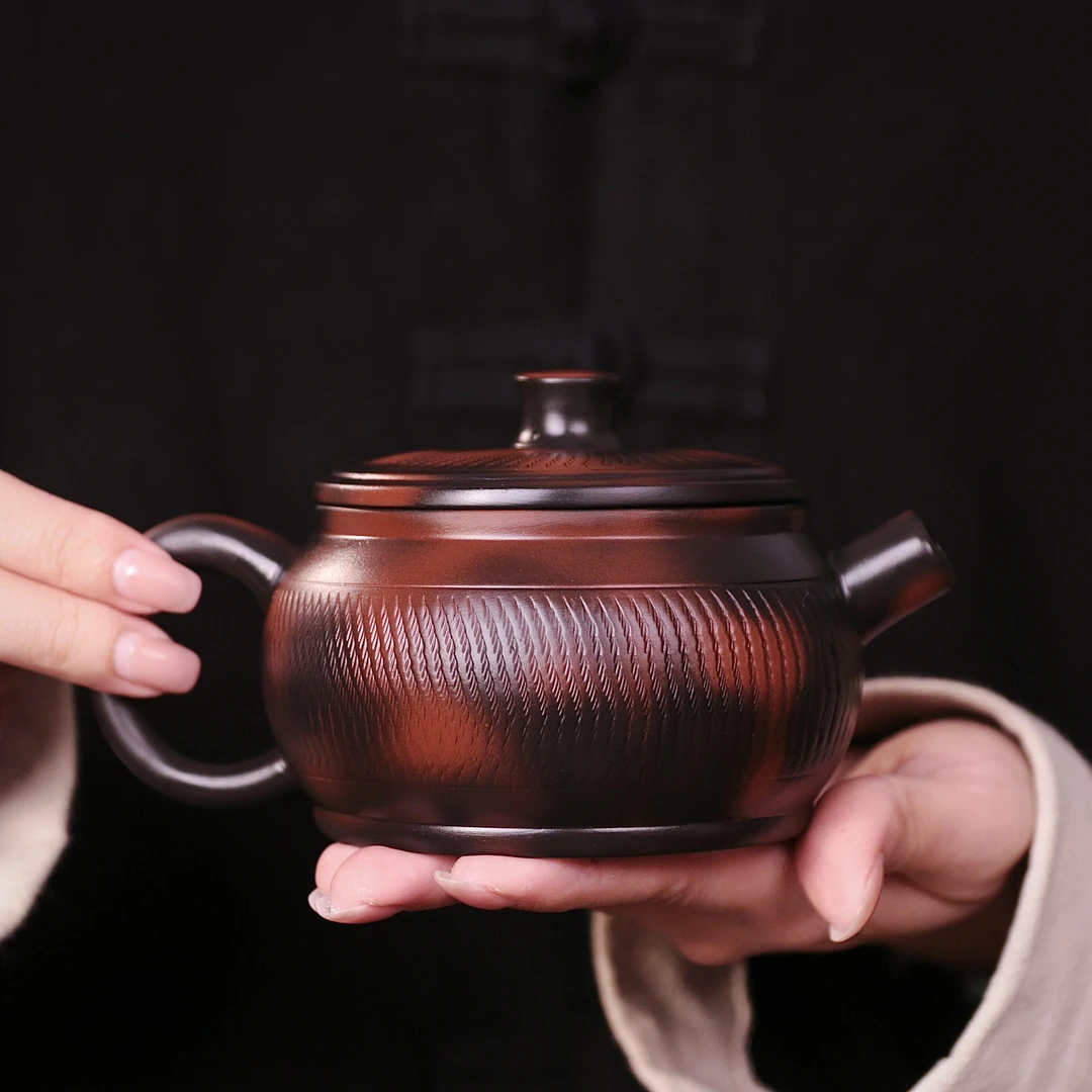 紫陶宽口汉瓦凤鸣壶大容量家用中式纯手工泡茶壶复古紫砂壶C100