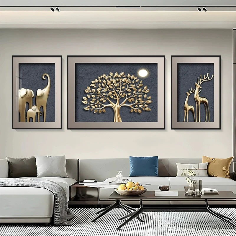 现代轻奢客厅装饰画大气高档发财树麋鹿沙发背景墙壁画大象三联画