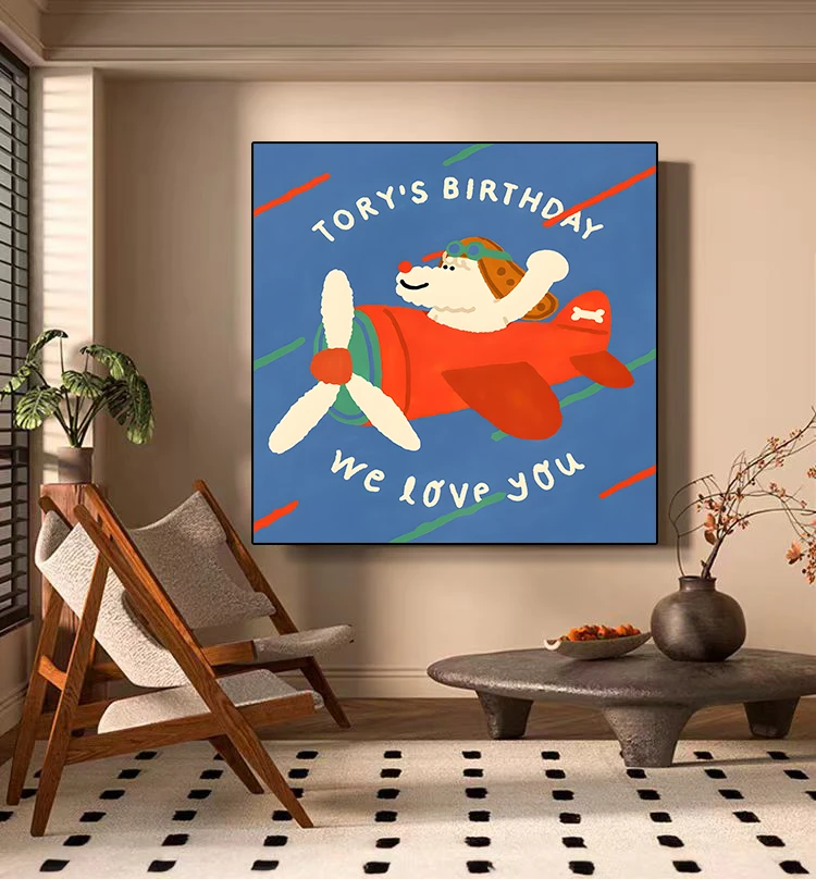 壁画客厅趣味多巴胺小动物ins风卧室蓝色小狗飞机装饰画挂画卡通