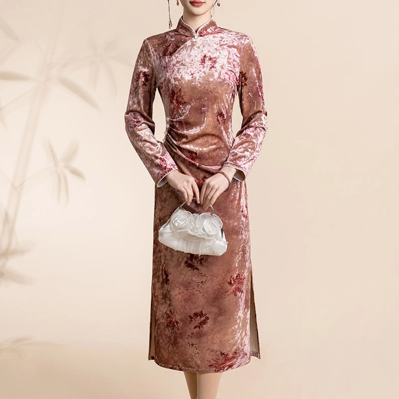2803棕红色修身复古中国风旗袍改良气质优雅高端连衣裙女春秋款