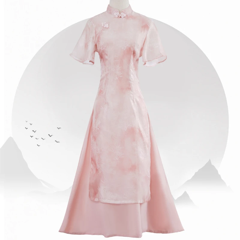 2523蜜桃色新中式国风改良旗袍年轻款高端气质奥黛连衣裙小个子