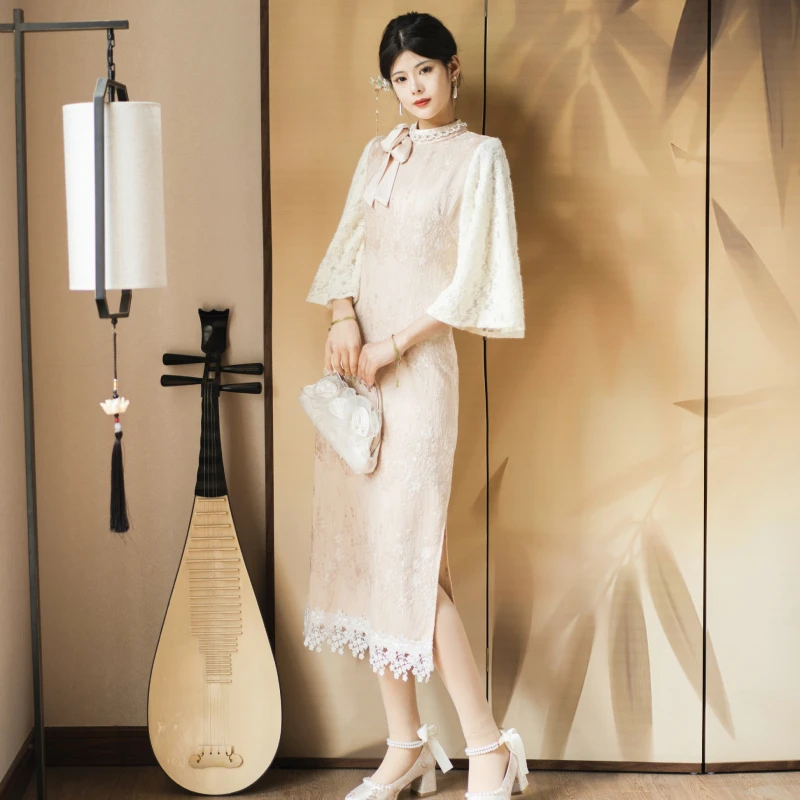 【挽苏】1852粉色改良旗袍女款高端气质新中式日常连衣裙小个子