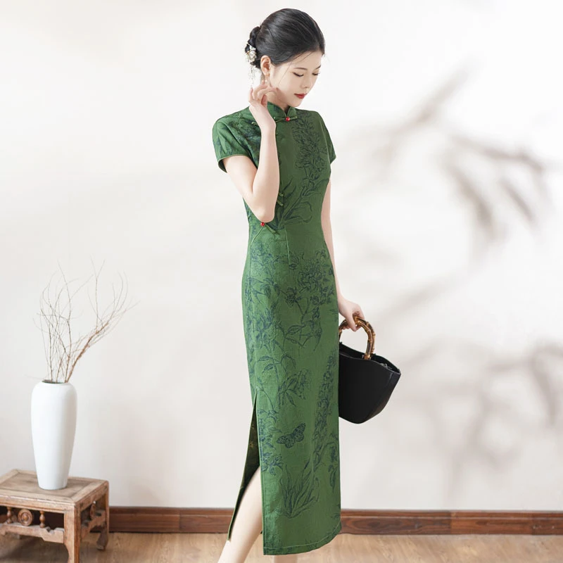 店2729绿色中国风旗袍新中式显瘦复古连衣裙春夏小个子