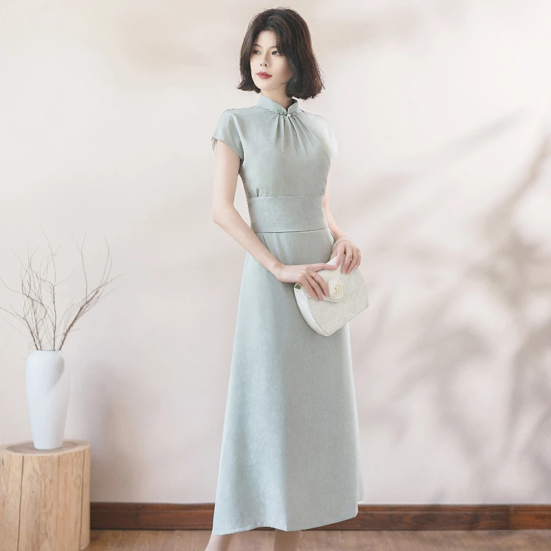 0310绿色新中式国风旗袍改良年轻款少女提花小个子高端连衣裙夏季