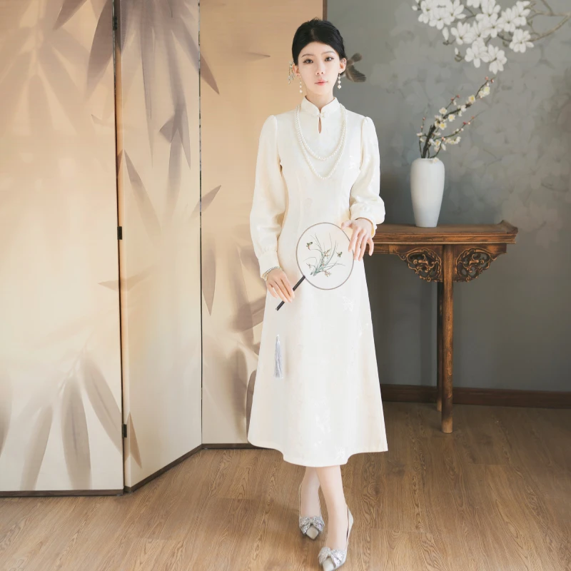 1115白色中国风旗袍改良年轻新中式连衣裙提花款民国复古风连衣裙