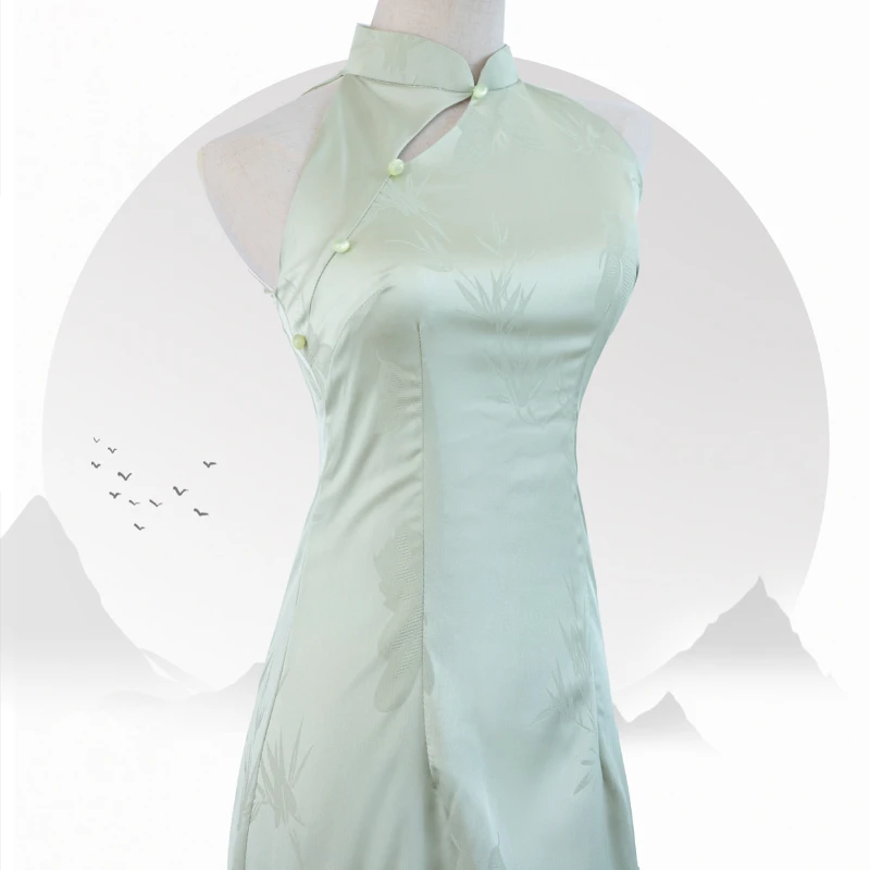 1053绿色改良鱼尾中国风旗袍年轻款高端气质少女缎面新中式连衣裙