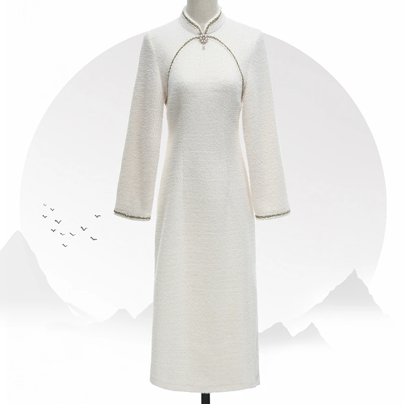 1758米色改良旗袍女款高端气质日常小个子连衣裙秋冬新款复古加厚