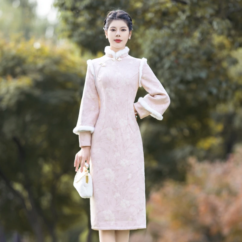 JTG-D02粉色蒲公英毛领中国风旗袍新中式复古优雅显瘦气质连衣裙