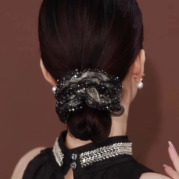 法式温柔气质头绳2024新品女超闪镶钻印花薄纱优雅发圈大号大肠圈