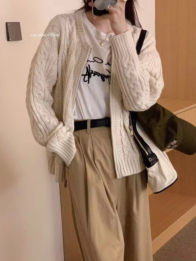 K1601 韩版简约纯色软糯麻花圆领拉链针织开衫慵懒风毛衣外套