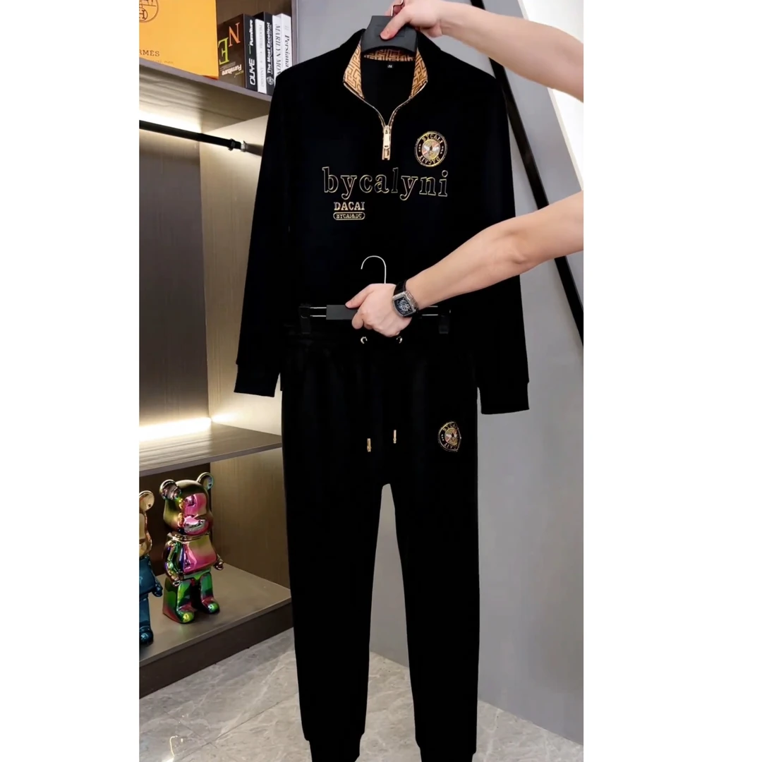 2024新款春秋季男士立领休闲长裤套装轻奢时尚两件套潮流潮男套装