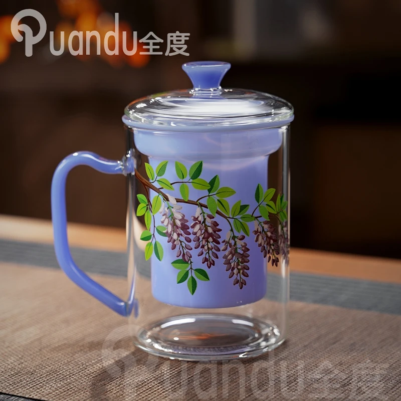 家用玻璃杯大容量水杯带盖泡茶杯耐热喝水杯子带把加厚茶水分离