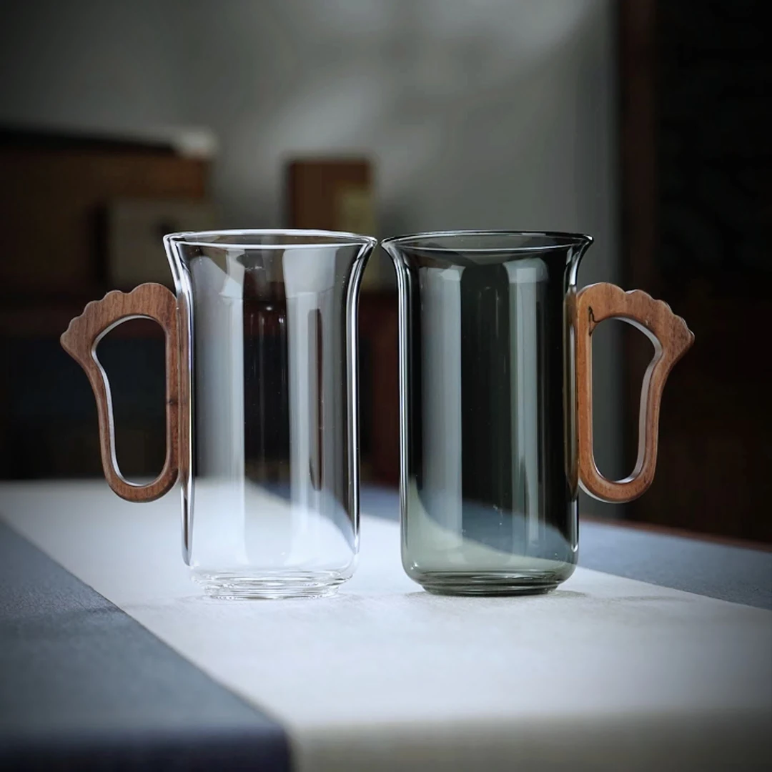 当代 耐高温木把茶杯家用手工创意玻璃杯透明绿茶杯