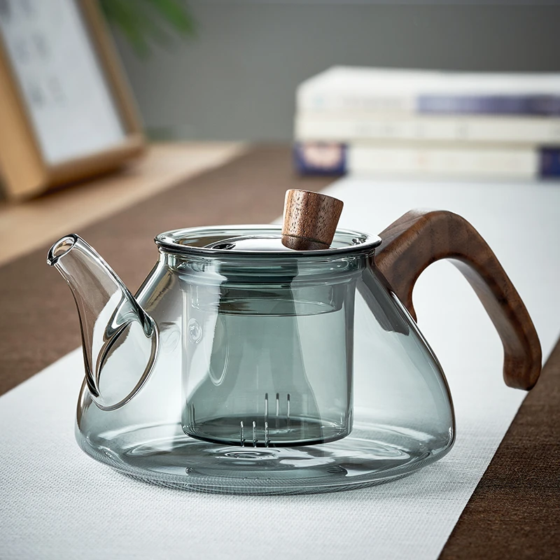 玻璃泡茶壶茶具家用水壶耐高温加厚过滤水壶煮茶壶器大容量木把