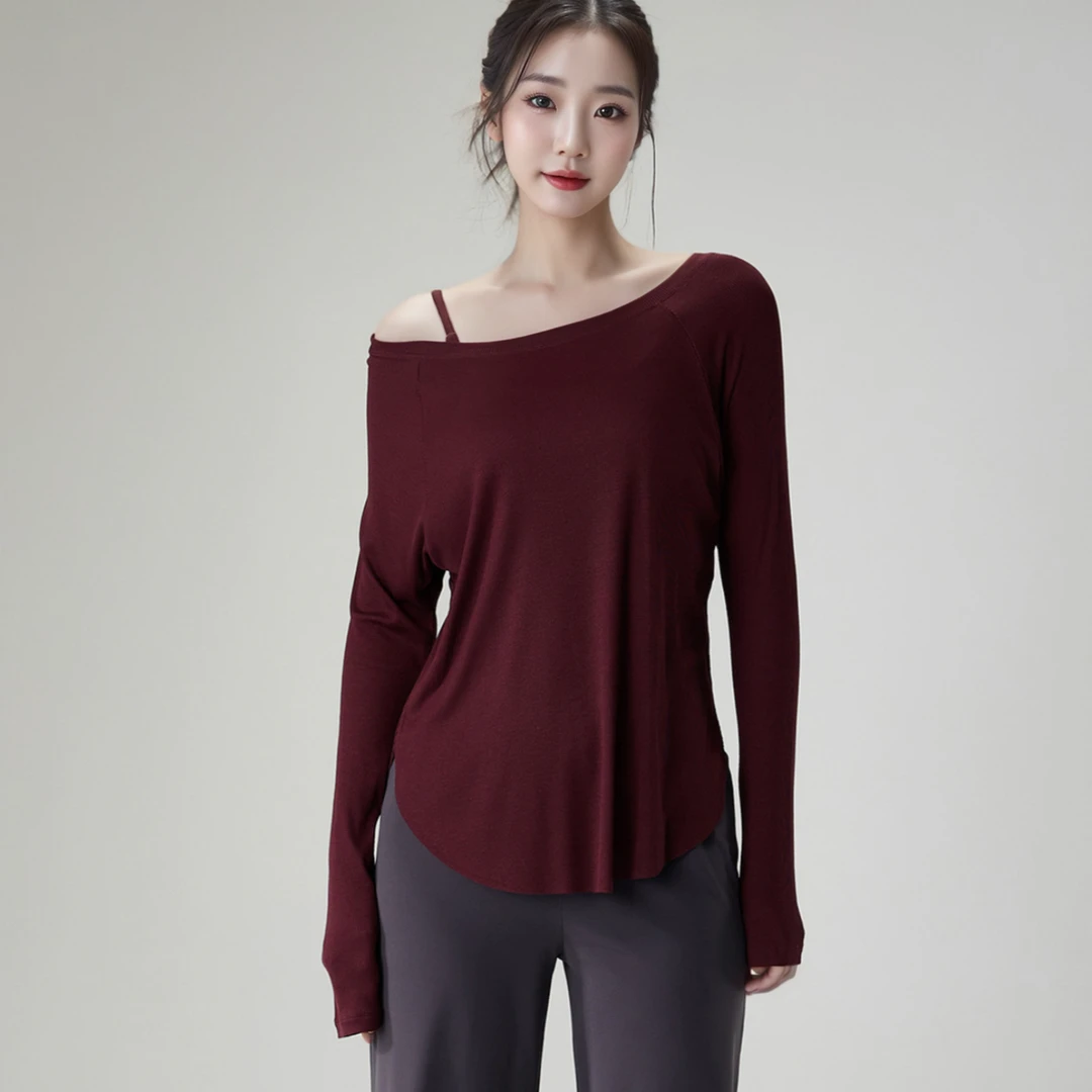 JG957瑜伽服显瘦运动健身长袖宽松罩衫弧形圆领弹力打底瑜伽上衣