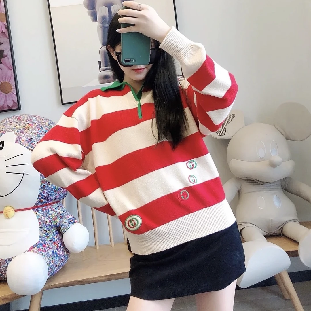 Gucci/古驰 红白条纹针织Polo衫/S码/99新/工价1.07w/RY1004