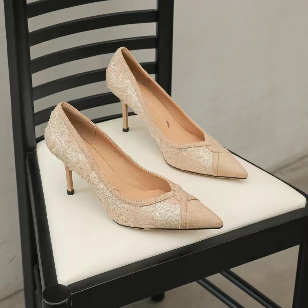 【小贝家】8cm细跟尖头网纱蕾丝性感浅口高跟鞋时尚气质单鞋060