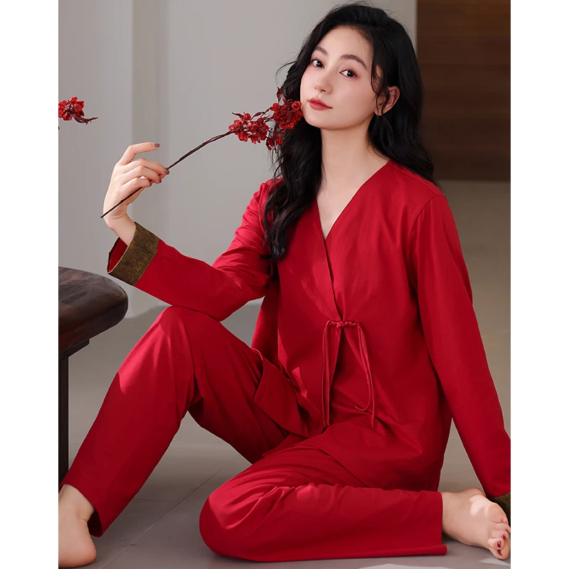 长袖红色睡衣女春秋季纯棉本命年2024新款喜庆大红秋款家居服薄