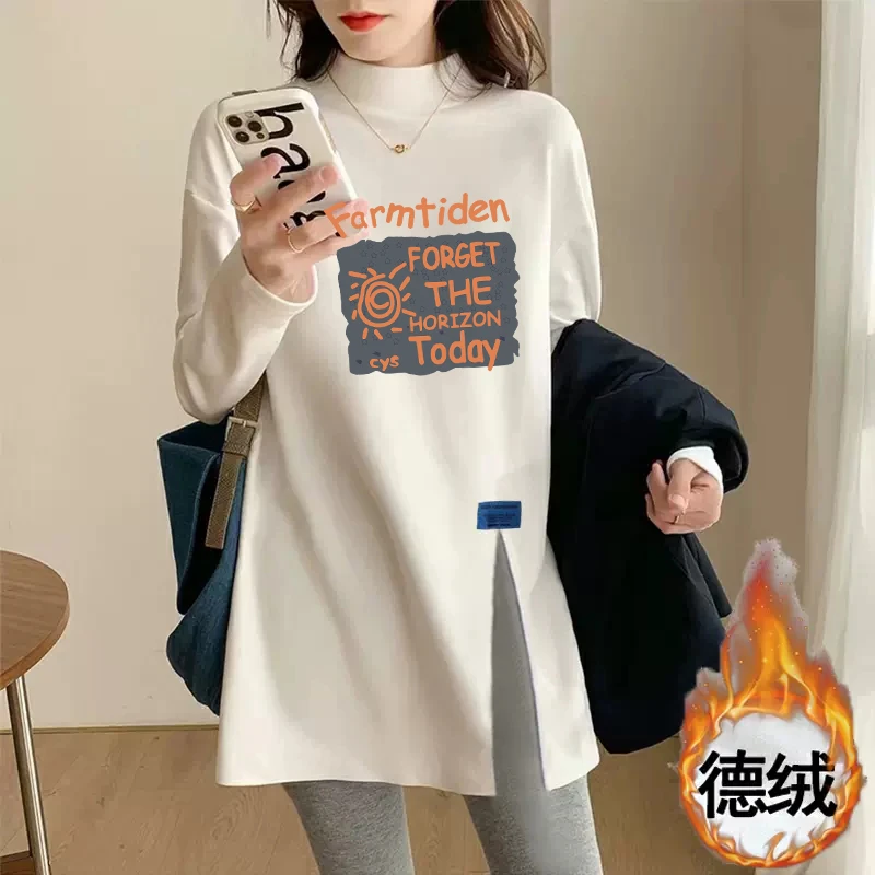 秋冬季保暖打底衫加绒加厚中长款长袖白t恤女设计感小众磨毛上衣