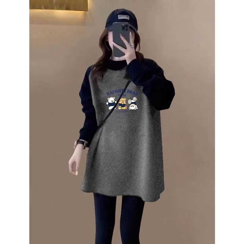 德绒宽松大码拼色加厚保暖长袖t恤女内搭外穿中长款休闲上衣打底