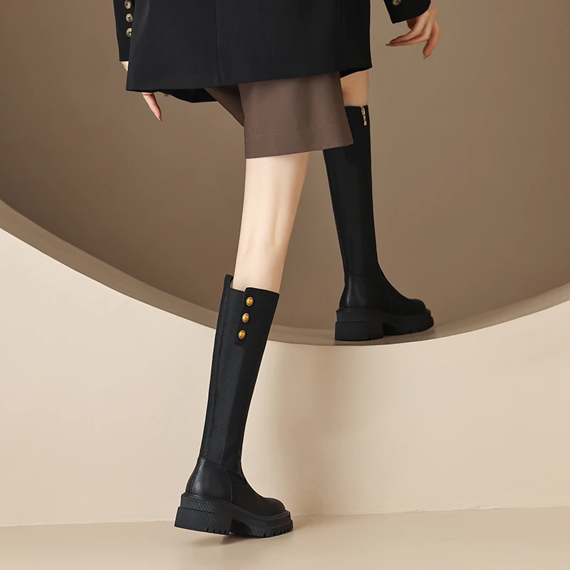 非侈Feichi 酷Girl~圆头厚底骑士靴女秋冬棕色百搭粗跟长筒靴