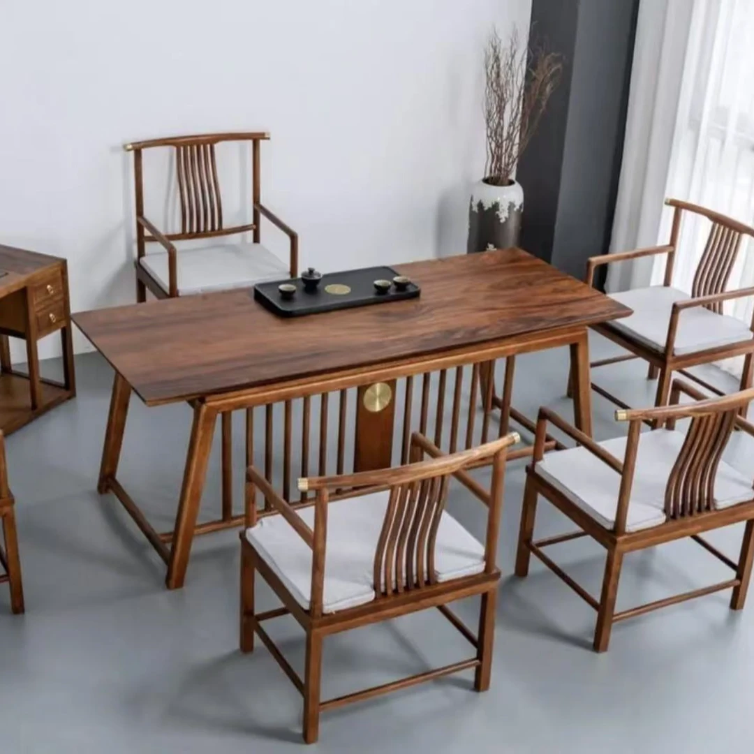 南美胡桃木新中式梅开五福茶桌全实木新中式茶桌客厅家用简约禅意