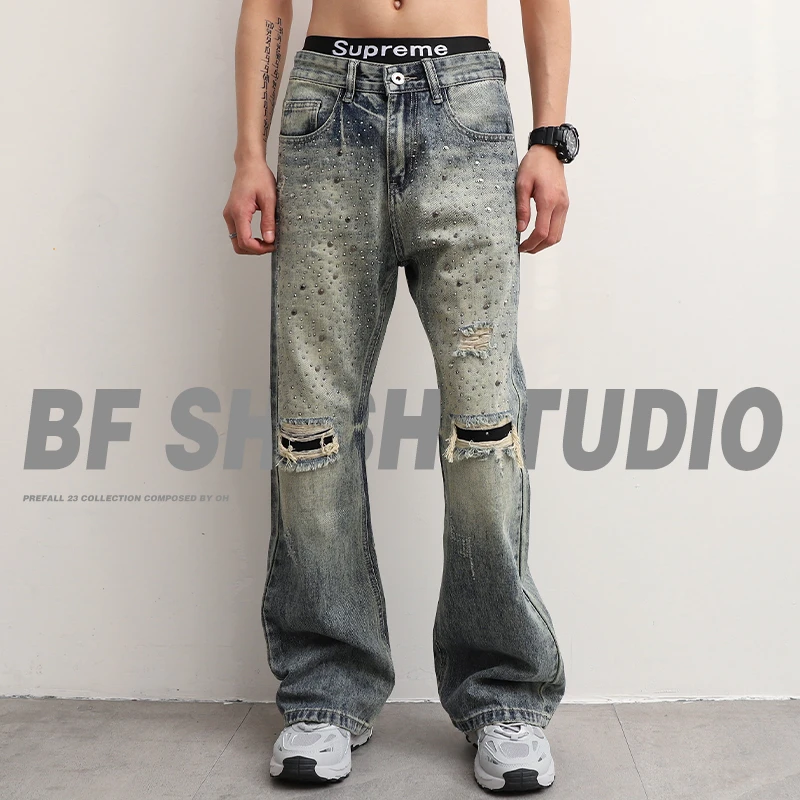 满天星烫钻破洞牛仔裤男士宽松直筒高端潮牌复古2025新款微喇裤子