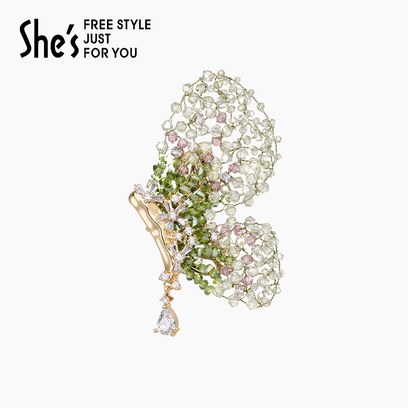铜合金仿水晶胸针 shes卢梭假日璀璨工艺水晶蝴蝶胸针轻奢胸花