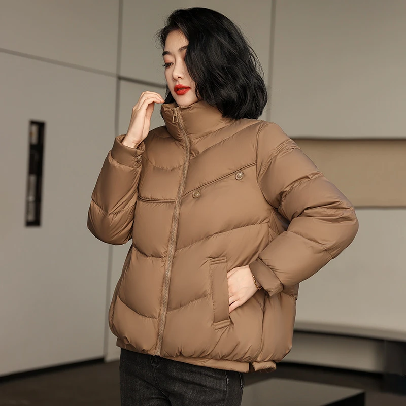 24新款韩版女立领双扣短款百搭宽松时尚冬季面包服白鸭绒保暖外套