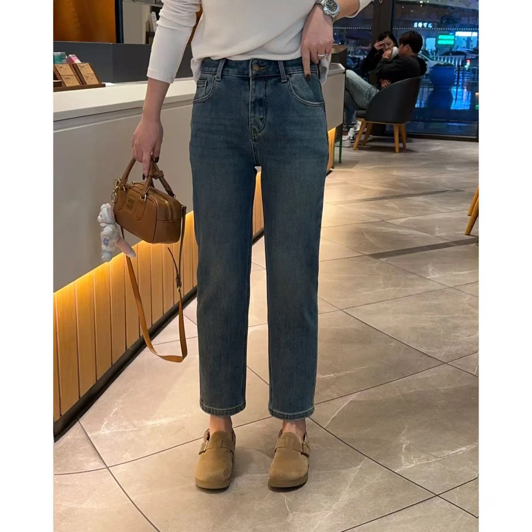 玳妮【加绒烟囱裤】秋冬季纯色水洗绒感烟管裤时尚修身小直筒牛仔裤