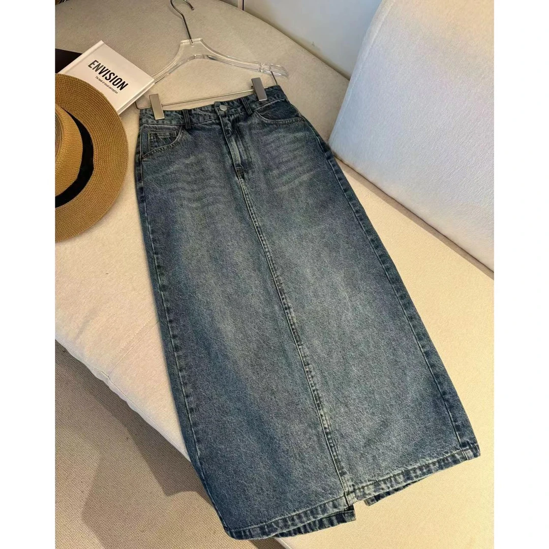 【萍萍推荐】秋季 高腰中长款浅色后开叉半裙A字休闲牛仔半身裙