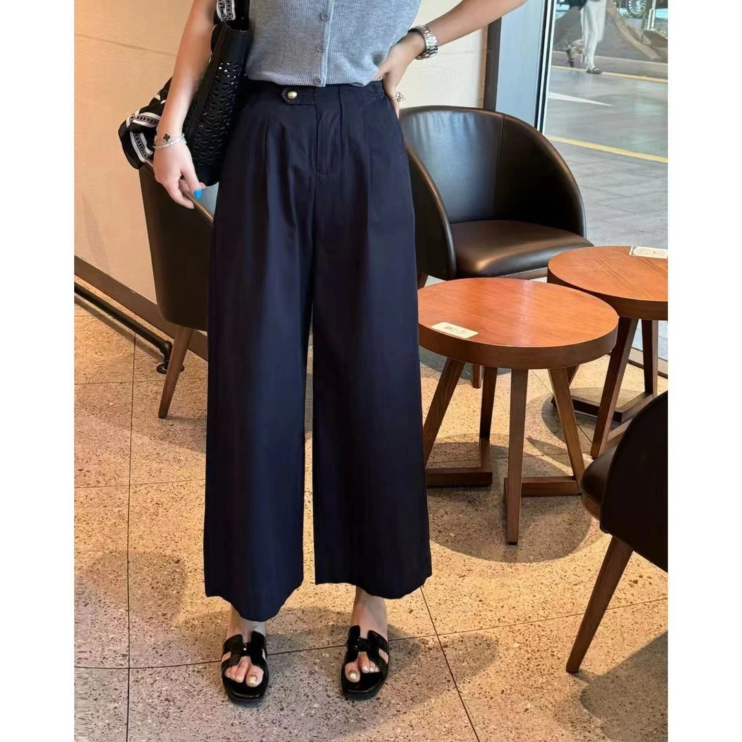 玳妮【萍萍推荐】夏季半松紧腰轻薄款不规则金属扣直筒裤垂感休闲裤