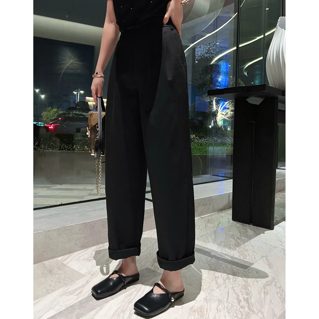 【萍萍推荐】春季 半松紧中高腰压褶花苞休闲裤 时尚阔腿宽松奶奶