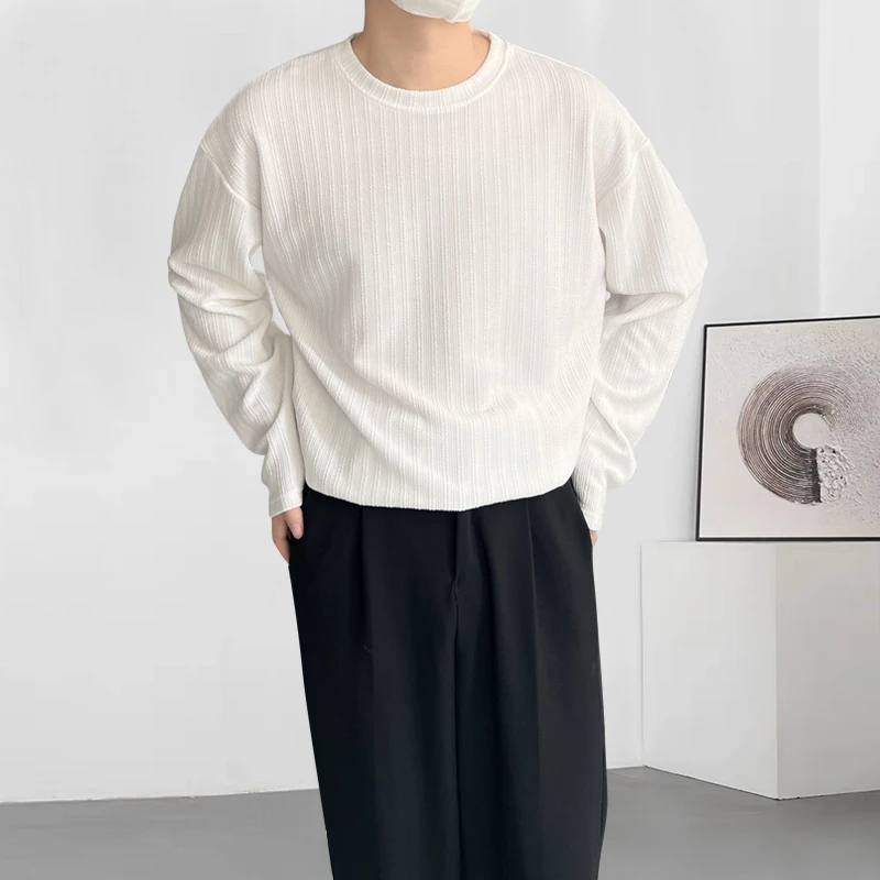 宽松落肩慵懒风男生长袖T恤春秋休闲圆领打底衫纹理感设计软糯潮